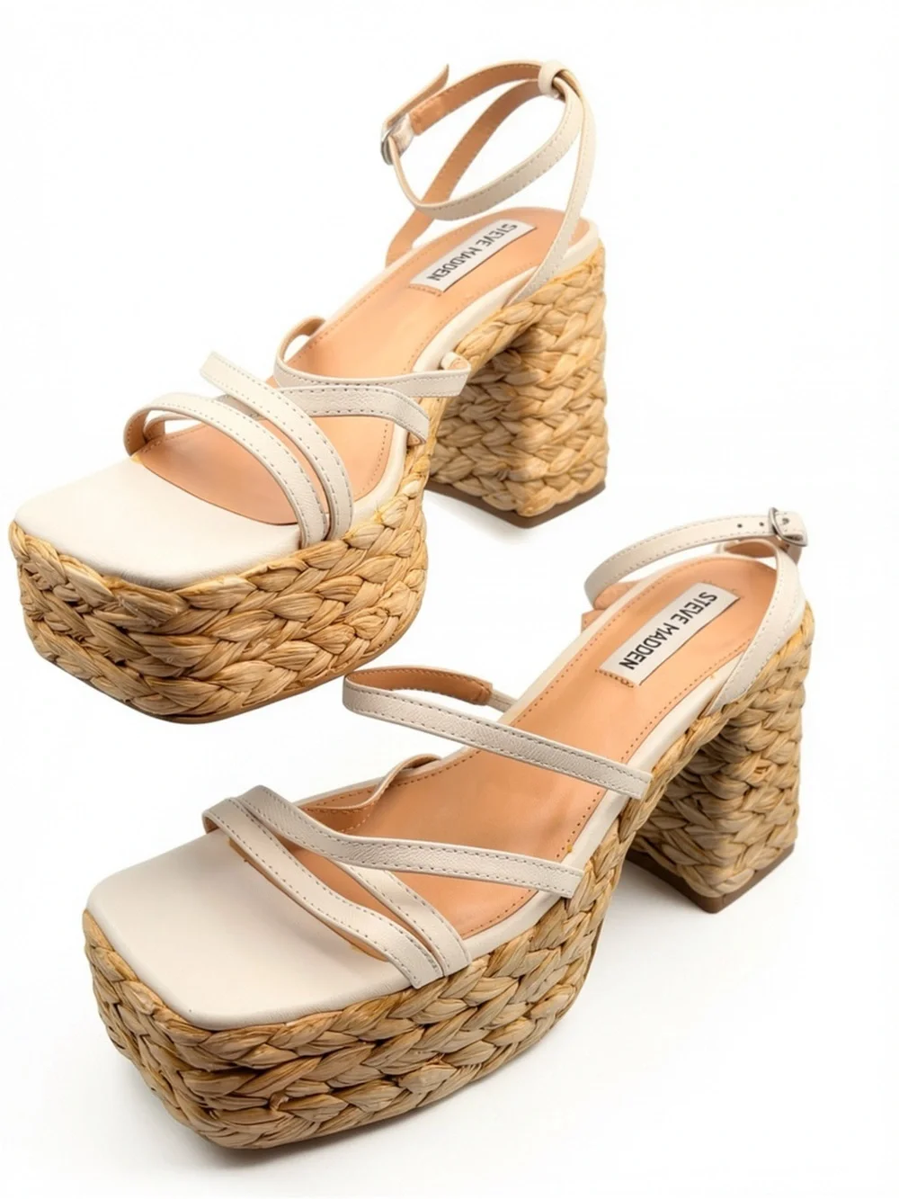 Steve Madden NWT Belise White Leather Raffia Platform Block Heel Sandals 7.5M